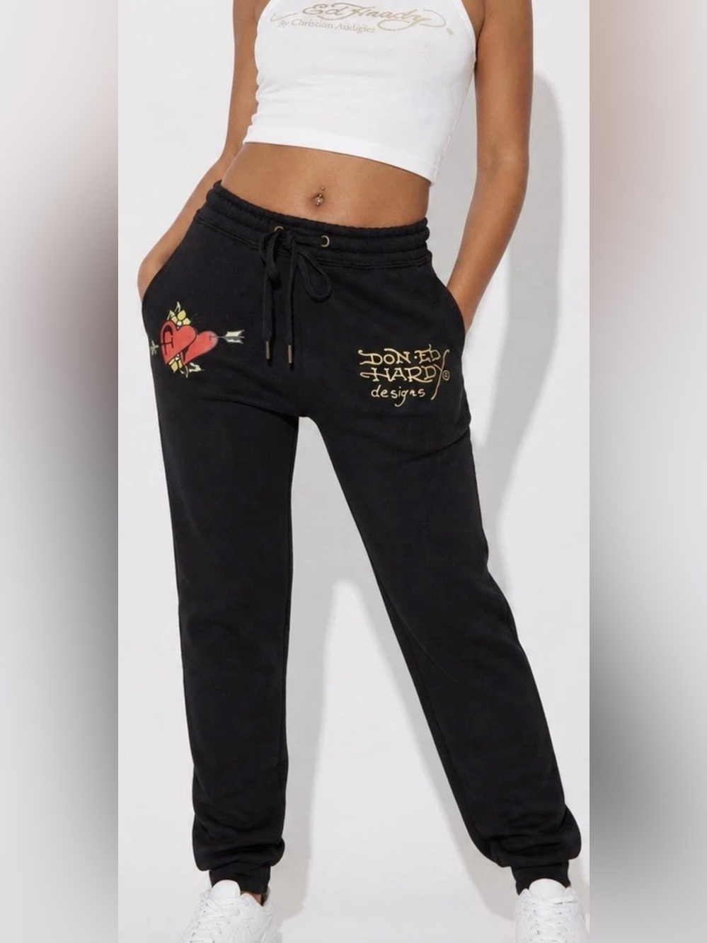 Ed Hardy Y2K Sacred Heart Iconic Women's Black Drawstring Jogger Pants
